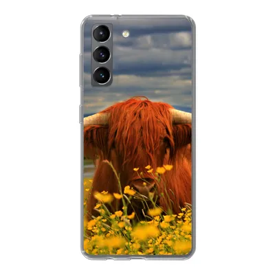 Produktbild von MuchoWow® Handyhülle Schutzhülle Hülle für Samsung Galaxy S21 Schottischer Highlander - Tiere - Blumen Silikon Softcase Handy Hülle - Softcase