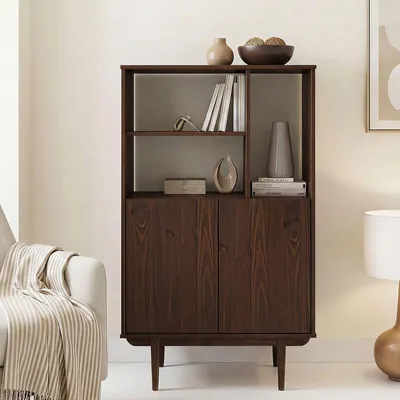 Produktbild von Highboard SIMONA mit offenem Regal aus Massivholz Nussbaum farben – Wohnzimmer Kommode mit 3 offenen Fächern und 2 Türen – Bücherregal mit Türen – Retro Holzschrank