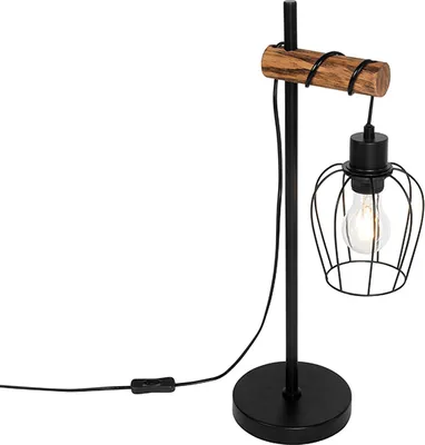 Produktbild von QAZQA - Landhaus I Vintage Ländliche Tischlampe schwarz mit Holz - Stronk I Wohnzimmer I Schlafzimmer - Stahl Länglich - LED geeignet E27