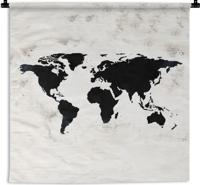 Produktbild von MuchoWow® Wandteppich Wandbehang Weltkarte - Schwarz - Holz 150x150 cm Tapisserie Dekoration Wandtuch - Wohnaccessoires - Modernes