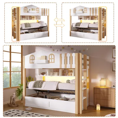 Produktbild von Etagenbett 90x200 cm im Hausdesign mit hydraulischem Stauraum, LED-Beleuchtung, offenen Regalfächern und beidseitig montierbarer Leiter, Weiß/Natur