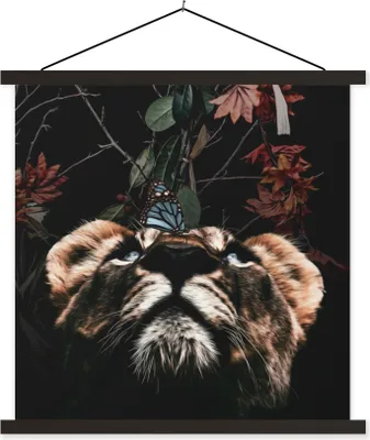 Produktbild von MuchoWow® Textilposter Tiger - Blumen - Schmetterling 90x90 cm mit schwarzem Rahmen - Magnetisches