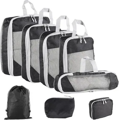 Reis Packing Cubes - Koffer Organizer - Efficiënt Inpakken - Ruimtebesparend Compressie - 8 Delig - Zwart