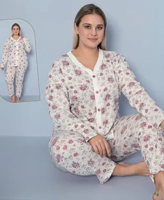 Produktbild von Damen Große Größen Pyjama Schlafanzug mit Knöpfen Weiß 3XL Lang Baumwolle 2-Teiler Set C-18
