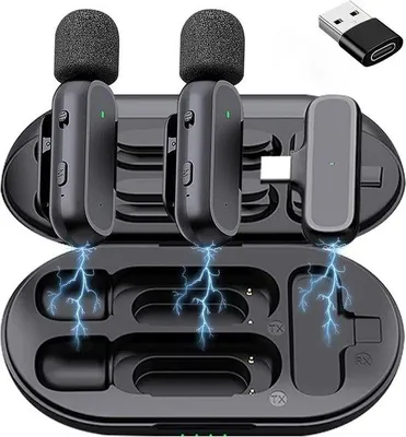 Produktbild von Kabellose Lavalier-Mikrofoneinheit - 2 Bluetooth-Clipmikrofone, kompatibel mit iOS/Android, mit Ladestation, online-fähig für TikTok und YouTube