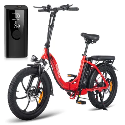 A red electric bicycle and a black portable air pump are displayed against a white background.