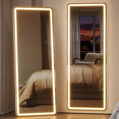 Zdjęcie produktu dla Lustro stojące do całego ciała z oświetleniem, 160x50 cm, białe. Lustro LED, możliwość montażu na ścianie lub jako lustro stojące