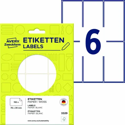 Produktbild von Avery Zweckform 3329, Vielzweck-Etiketten, 76 x 39 mm, 192 Etiketten / 32 Bögen, Weiß