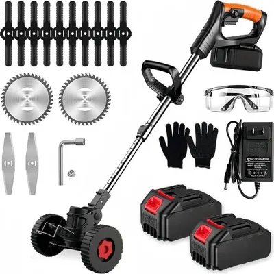A collection of items related to a cordless electric trimmer, including the trimmer itself, batteries, charger, safety glasses, gloves, and various cutting attachments, laid out on a white background.