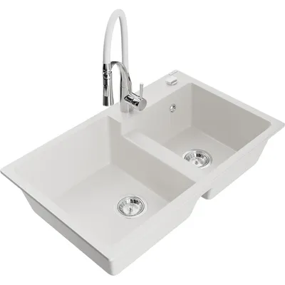 Obrázek produktu pro Mexen Tomas 2-miskový granitový dřez s kuchyňskou baterií Aster, Bílá - 6516-20-73450-02