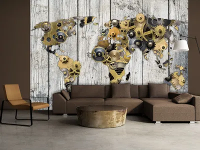 Produktbild von Vlies Fototapete Weltkarte 400x280 cm Tapeten Wandtapete XXL Bretter Holz Steampunk Abstrakt k-A-0037-a-b