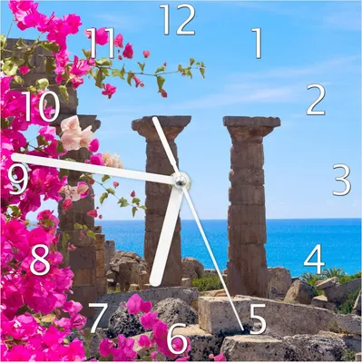 Produktbild von Wallario Design Wanduhr Antike Säulen am Meer aus Echtglas, Größe 20 x 20 cm