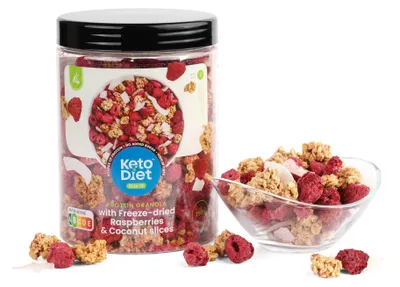 Produktbild von Eiweiß-Granola mit gefriergetrockneten Himbeeren und Kokoschips ohne Zuckerzusatz (250 g)