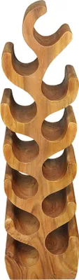 A wooden wine rack with a unique, organic design.
