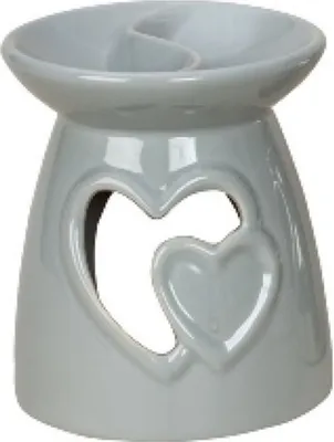 Graue Keramik-Duftlampe mit der Form zweier ineinander verschlungener Herzen.