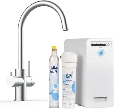 Produktbild von Living Water LivingTap Pro – Sprudel-Wasserhahn mit Kohlensäure, Untertisch-Trinkwassersystem mit 5-Wege-Edelstahlarmatur | C-Auslauf
