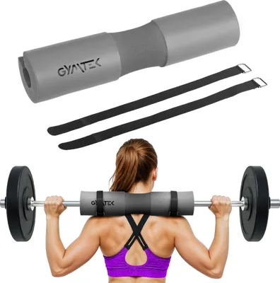 A woman is shown from behind, performing a barbell squat with a Gymtek barbell pad around the bar on her neck. The product is also shown separately at the top of the image.