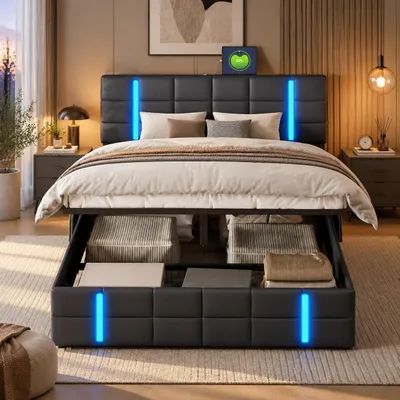 Zdjęcie produktu dla Łóżko hydrauliczne INONEFT, 160x200 cm, z oświetleniem LED, podwójne łóżko młodzieżowe z portami USB, rama łóżka z elastycznym stelażem, kolor: czarny (PU), Obraz wygenerowany przez AI