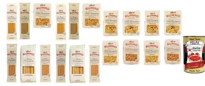 Produktbild von Rummo Italian Gourmet Bundle – Italienischer Pasta Mix 20 x 500 g (10 kg) Spaghetti Linguine Penne Rigate Rigatoni Fusilli Farfalle Mafaldine Pasta Mista Vorratspack + Italian Gourmet Polpa