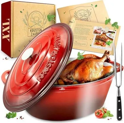 Produktbild von Gusseiserner Bräter (37,5 cm) mit Deckel, ofenfest, inkl. Fleischgabel, für große Gänsebraten (ca. 10 l), ideal für Induktion, oval