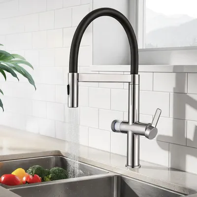 Produktbild von Homelody 304 Edelstahl Küchenarmatur, Ausziehbarer Auszug, Magnetisch, Filterfunktion, 2 Strahlarten, 360° Drehbar, Kaltstart-Ventil, für Doppelspülen