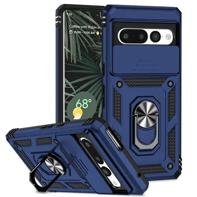 Immagine prodotto di Custodia per Google Pixel 7 Pro a doppio strato con copertura scorrevole della fotocamera e supporto ad anello blu