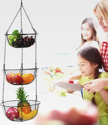 Produktbild von Obstkorb Hängend 3 Stöckig Obst Hängekorb mit Deckenhaken Küche Metall Hängekorb Obstschale Gemüsekorb für Obst, Snack und Gemüse Aufbewahrung 84 x 29 cm