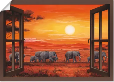 Produktbild von ARTland Poster Fensterblick - Elefantenherde Größe: 70x50 cm