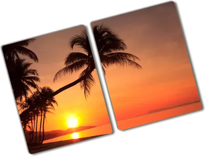 Produktbild von Tulup Glas Herdabdeckplatte - 2x40x52 cm - Glaskeramikkochfeld-Abdeckung Spritzschutz Glasabdeckplatte Kochplattenabdeckung und Schneidebrett - Zweiteilig - Landschaften - Sonne Strand - Orange