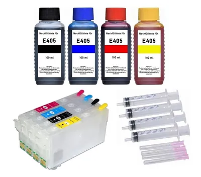 Produktbild von Wiederbefüllbare Druckerpatronen kompatibel mit Epson 405 XL + 4 x 100 ml Nachfülltinte für WF-7310 7830 7835 7840 Pro 3820 3825 4820 4825 4830