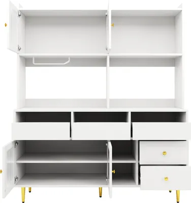 Produktbild von Flieks Küche Hochschränke Küchenbuffet mit Glastür, Küchenschränke Buffet mit Weingestell, Buffetschrank Highboard mit Offenen Staufächern, Weiß