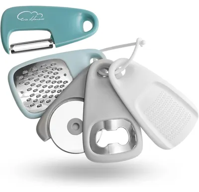 Productafbeelding van Keukenaccessoires set, 5-delig, roestvrij staal, bestaande uit: kaasrasper, flessenopener, schiller, pizzames, knoflookpers, vaatwasmachinebestendig, blauw/zwart/wit