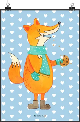 Produktbild von Mr. & Mrs. Panda Bild Fuchs Keks DIN A2 - Blau Pastell - Geschenk, Weihnachtlich, drucke, kunstdruck poster, Liebe, Winter, Kekse, Plakat, Frieren, Wandbild