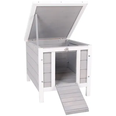 Produktbild von PawHut Outdoor-Holzstall, Käfighaus für Nagetiere, kleine Haustiere, mit faltbarem Asphaltdach und rutschfester Rampe, 42 x 51 x 43 cm, Grau