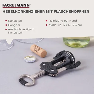 Produktbild von Fackelmann Hebkorkenzieher, Weinöffner für alle Korken, Hebelkorkenzieher mit antihaftbeschichteter Spirale (Farbe: Schwarz/Silber)