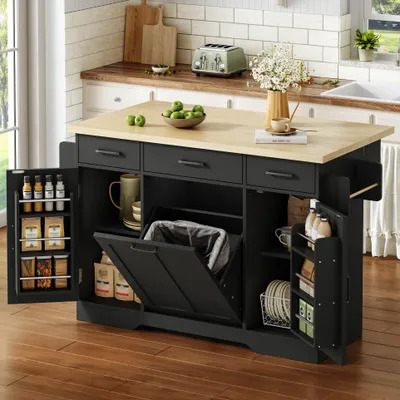 Produktbild von Merax Mobile Kücheninsel mit klappbarer Arbeitsplatte, Küchenwagen mit Müllschrank und Stauraum, Servierwage mit Gewürzregal und Schublade,Rollen,Schwarz