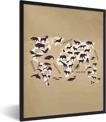Produktbild von MuchoWow® Gerahmtes Poster Weltkarte - Tiere - Retro 30x40 cm - Poster mit Schwarzem Bilderrahmen Wandposter Rahmen Foto Bilder - Wanddeko - Kunstdrucke