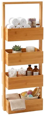 Produktbild von Relaxdays Badregal, Bambus, mit 4 Körben, HxBxT: 88 x 28 x 16 cm, Badezimmer, Küche, stehendes Nischenregal, natur