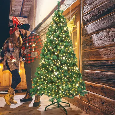 Produktbild von FIVMEN Weihnachtsbaum Künstlich mit Beleuchtung 240 cm PVC Tannenbaum Weihnachten Deko mit LED Lichterkette und Ständer Unechter, Grün