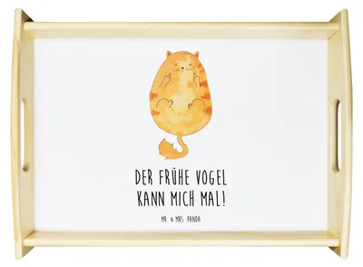 Produktbild von Mr. & Mrs. Panda Tablett Katze Frühaufsteher - Weiß - Geschenk, Katzen, Tiger, betttablett, Genervt, Bett-Tablett, Verschlafen, Servier, Kater, Servierplatte Holz, Sofa