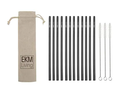 Image de EKM Living Edelstahl Strohhalme 12er Set schwarz gerade GmbH, Trinkhalme, bruchfest, wiederverwendbar, spülmaschinengeeignet, plastikfrei (schwarz gerade, 12)
