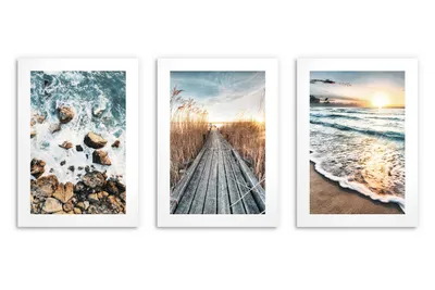 Zdjęcie produktu dla Postery na ścianę do salonu Plakaty ścienne klif, pomost, plaża 3x 30x40
