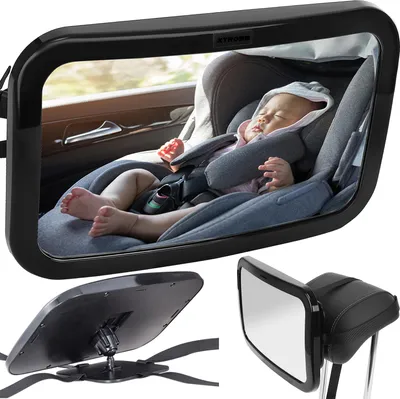 A collage of images showing a baby car mirror attached to a car seat, and close-ups of the mirror's mounting mechanism and its attachment to a headrest.