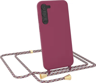 Produktbild von EAZY CASE Handykette kompatibel mit Samsung Galaxy S23 Plus Handyhülle zum Umhängen, Silikon Hülle mit Band, Schutzhülle mit Ersatzkordel, Stylische Kette für Smartphone, Beere / Rot Camouflage