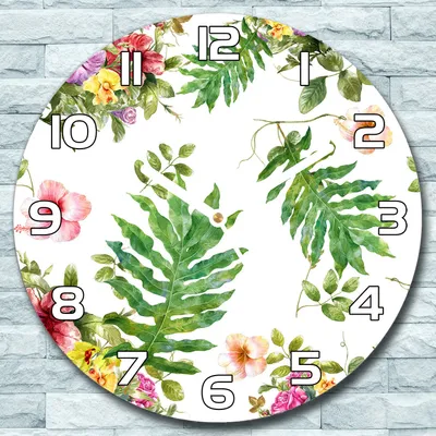 Produktbild von Wanduhr aus Glas Rund fi 30 Blätter und Blumen Quarz Deko Wohnzimmer Büro