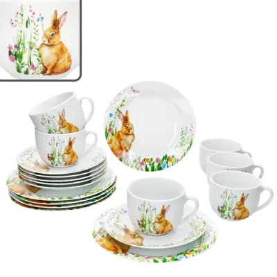 Produktbild von 18tlg Kaffeeservice Osterfreude Porzellan 6 Pers Tassen Untertassen Ostern Hase