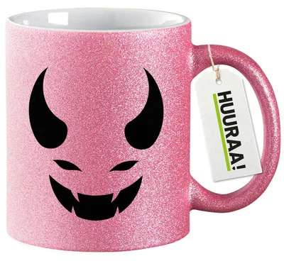 Produktbild von Huuraa Glitzertasse Teufel Devil 330ml Pink Keramik Kaffeebecher Geschenkidee