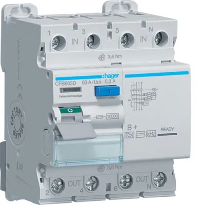 Produktbild von Hager FI-SCH. 3P+N 10KA 63A 300MA B+ (CFB663D)