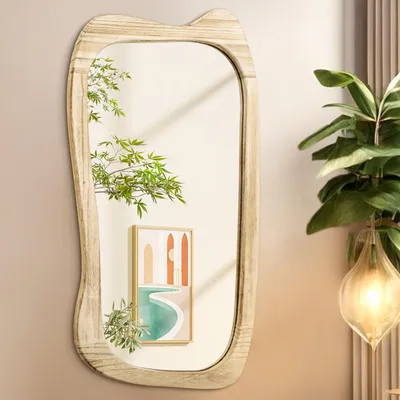Productafbeelding van Asymmetrische wandspiegel van hout, 80 x 50 cm, rustieke vorm, geschikt voor de badkamer