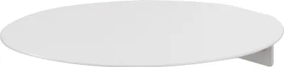 A white, oval-shaped shelf or platform with a small support visible underneath, isolated on a white background.
